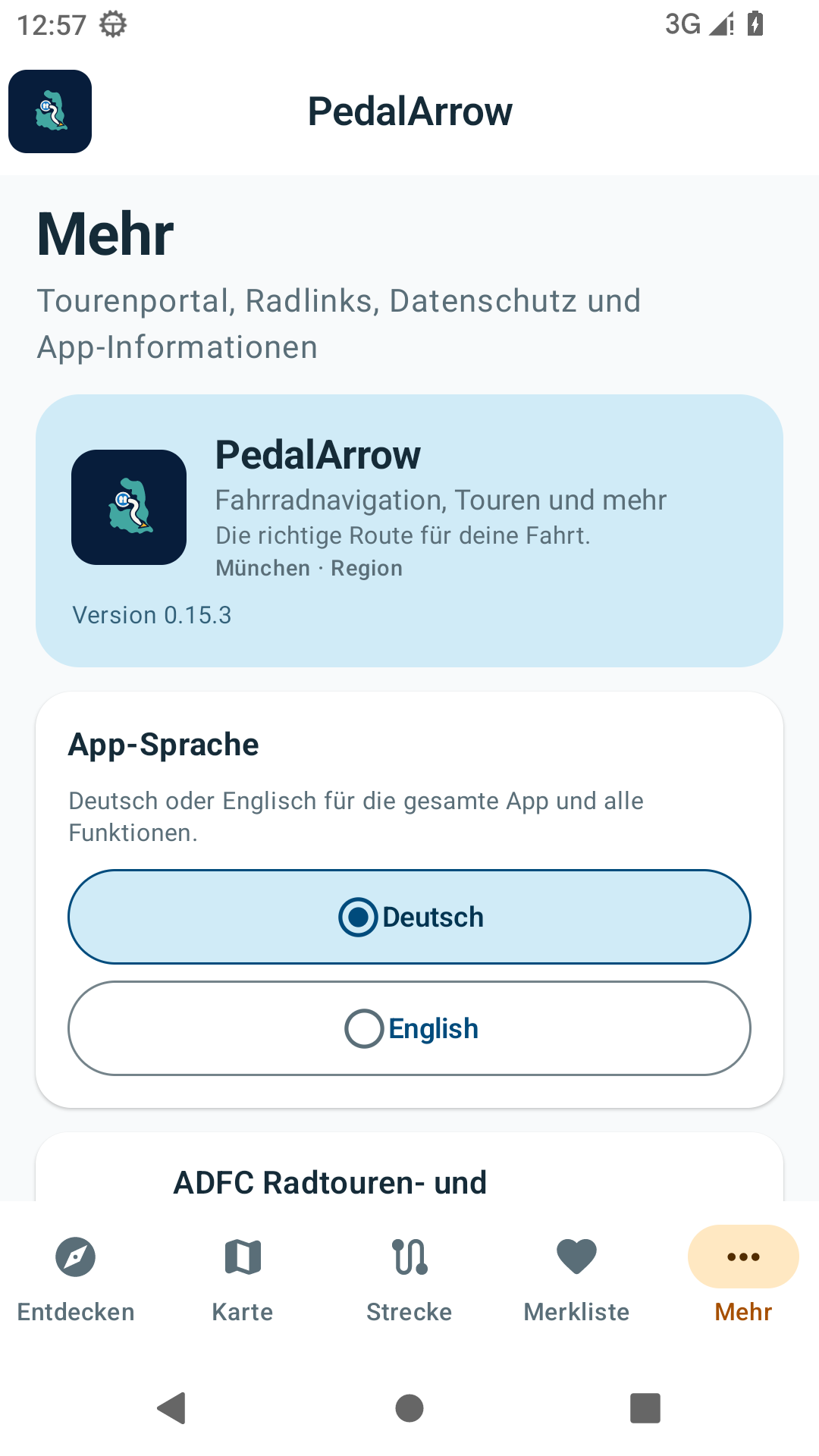 PedalArrow zeigt die Sprachauswahl Deutsch und Englisch sowie App-Informationen